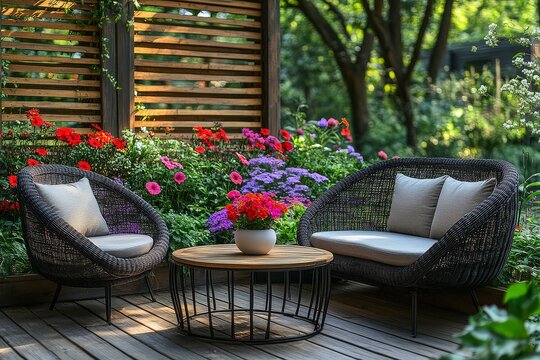 Fototapeta Scandinavian-style black rattan chairs and table on terrace with wooden fence, flower pots, and garden background.