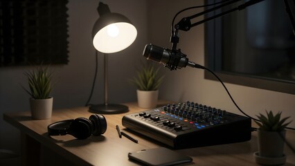 Professional Podcasting Workspace with Microphone, Audio Mixer and Headphones on Wooden Table Under Warm Studio Lighting