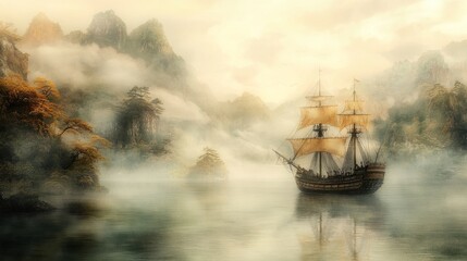 Fototapeta premium A mystical ship sails through foggy waters, surrounded by serene mountains and soft hues, creating an enchanting and tranquil atmosphere.