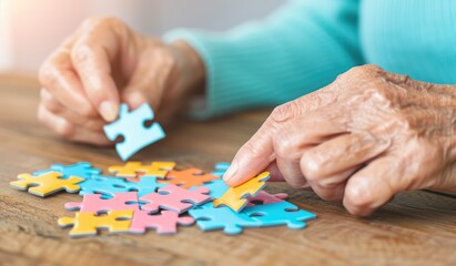 Elderly hands assembling colorful puzzle pieces on a wooden table.