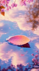 A serene scene of a pink leaf floating on a tranquil water surface surrounded by flowers.