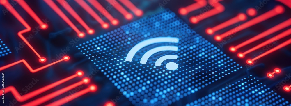 Poster digital circuit board with wi-fi symbol and vibrant red lines.