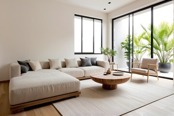 Japandi living room interior design with minimal furniture decor, simple and clean living room