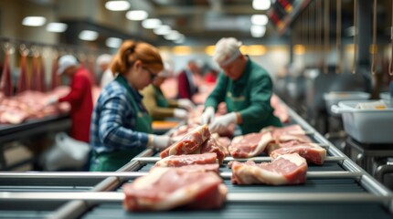 Meat processing plant workers prepare cuts of beef on a conveyor belt.  A focus on quality and efficiency.