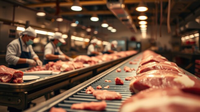 Meat processing plant: Workers prepare cuts of meat on a conveyor belt.