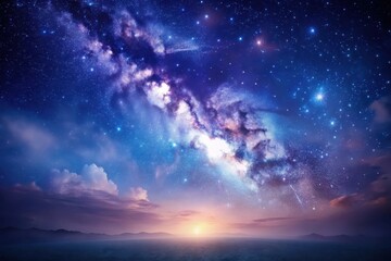 Serene Sunset Over a Tranquil Ocean with a Vivid Celestial Display of Stars and the Milky Way Galaxy