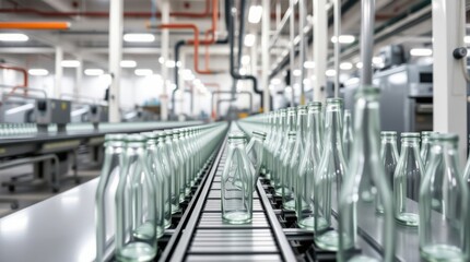 Fototapeta premium Empty glass bottles moving along a conveyor belt in a factory setting. Clean and efficient industrial production line.