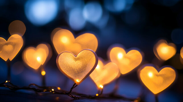 A soft-focus image of heart-shaped fairy lights glowing softly in the dark, creating a dreamy and romantic ambiance