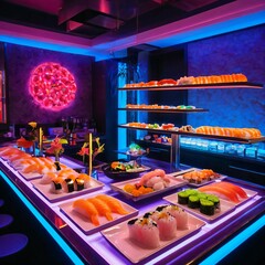 Sushi Bar Counter with Neon Lighting