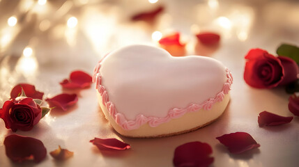 A still-life of a romantic heart-shaped cake decorated with soft pink icing, surrounded by rose petals and soft light