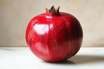 A Single Ripe Red Pomegranate On A White Surface