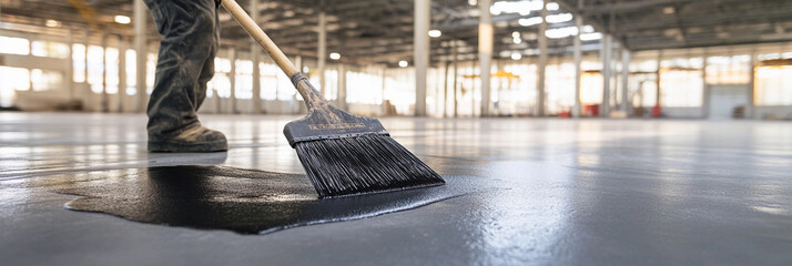 Worker applying sealant to warehouse floor during renovation