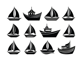 Sailboat vector bundle, black isolated vector art illustration
