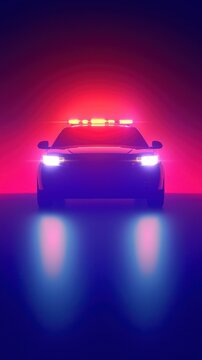 Police Car Front Shining with Red and Blue Lights in Pink and Purple Gradient