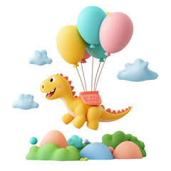 Obraz premium Playful Dinosaur Flying with Balloons in a Colorful Scene