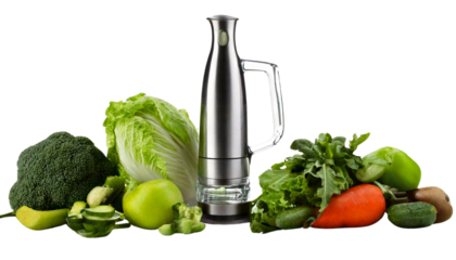   Immersion Blender and Fresh Vegetables on White Background
