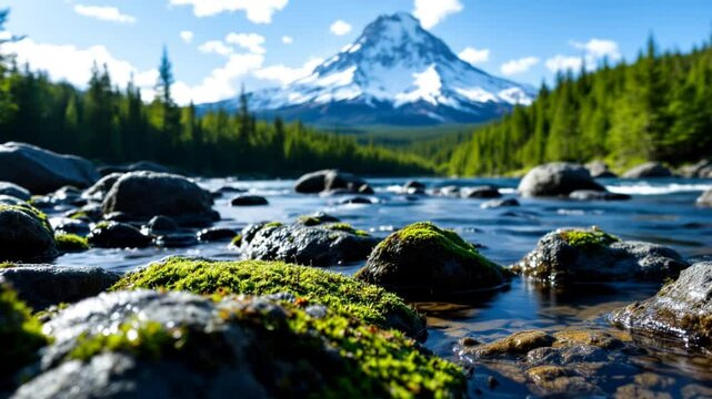 Snowy Mountain Peak and Mossy Rocks on the world water day