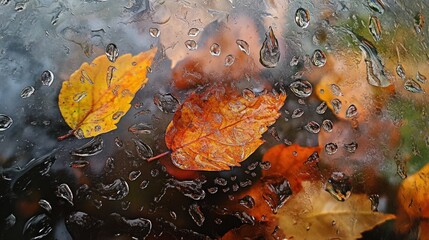 Autumn leaves, rain drops on glass, blurred background, fall mood