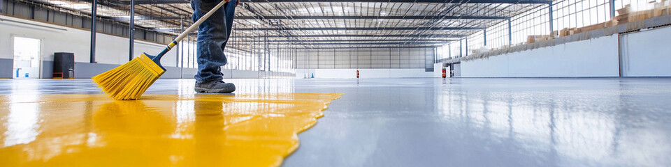 Worker applying yellow paint on factory floor in large space