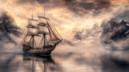 Obraz premium A majestic sailing ship navigates through misty waters under a dramatic sky, surrounded by towering mountains.