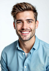  Smiling young man in blue shirt on a white background.