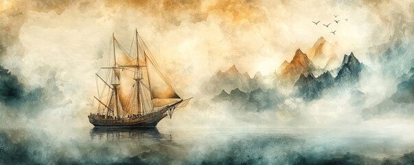 Obraz premium A serene watercolor landscape featuring a majestic ship sailing through misty waters, surrounded by mountains and a warm, atmospheric sky.