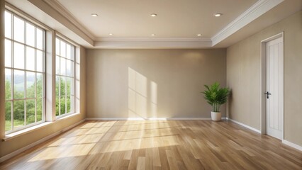 Obraz premium Sunlit Empty Room with Hardwood Floors and Large Windows Offering a Peaceful and Serene Atmosphere