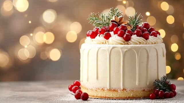 Festive holiday cake adorned with cranberries and pine