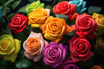 Obraz premium A vibrant bouquet of colorful roses in various hues, perfect for adding a touch of romance and beauty to any project.