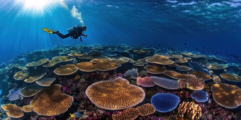 Scuba Diver Swimming Above Colorful Coral Reef
