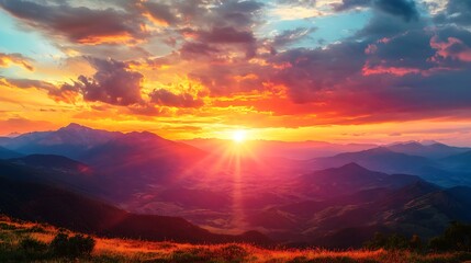 Fototapeta premium A Vibrant Sunset Over Rolling Mountains