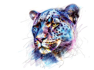 Obraz premium Colorful pencil drawing of a panther head, featuring rough artistic lines and vibrant hues of blue, purple, and yellow for a striking effect.. Wildlife Animals.