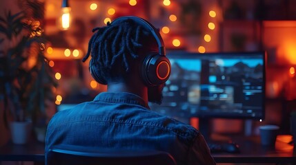 A man wearing headphones is sitting in front of a computer monitor