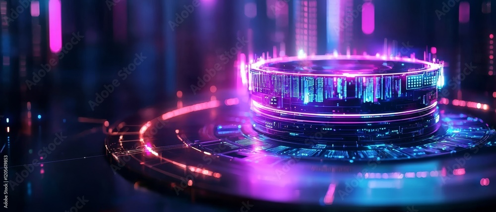 Aufkleber a vibrant, futuristic digital landscape featuring a circular platform surrounded by colorful lights 