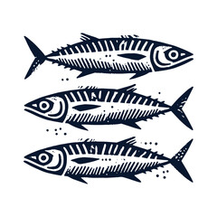 Minimalistic hand-drawn mackerel fish illustration in black and white