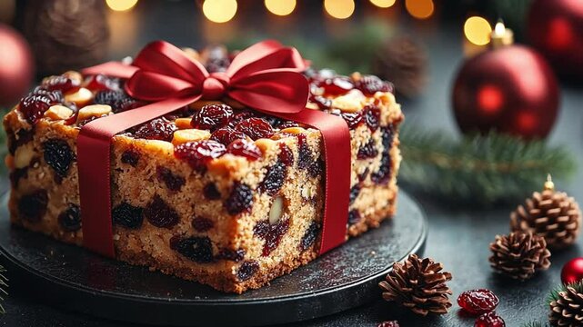Festive fruitcake adorned with a red bow for holiday celebrations