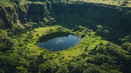 A serene lake nestled within a lush green crater surrounded by steep rocky cliffs