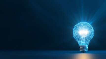 A glowing, blue digital lightbulb against a dark background symbolizes innovation, creativity, and advanced technology.