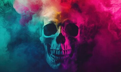 Colorful skull emerges from vibrant smoke in a dark setting, highlighting artistic expression and surrealism