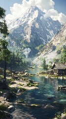 Fototapeta premium Serene mountain landscape with a tranquil river and rustic cabin.