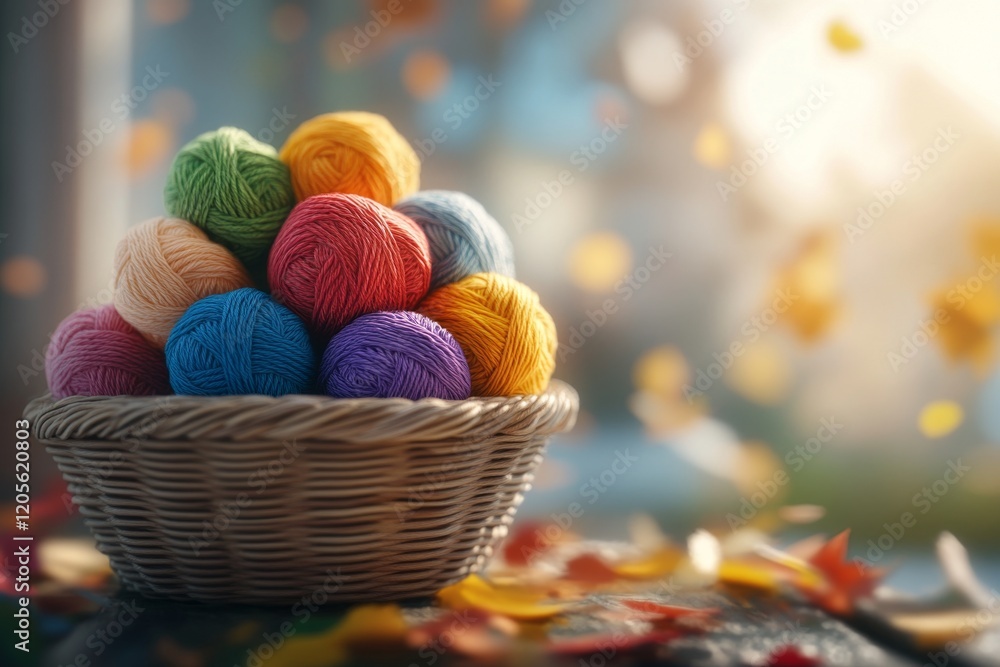 Poster a 3d-rendered scene of colorful yarn balls stacked neatly in a wicker basket, with realistic shadows