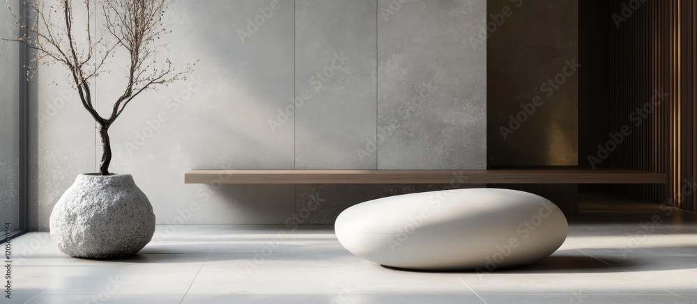Poster minimalist interior scene with muted grays and simple shapes featuring a smooth white object and a s
