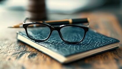 A pair of glasses rests on a textured notebook, accompanied by a pen, creating a cozy study or work atmosphere.