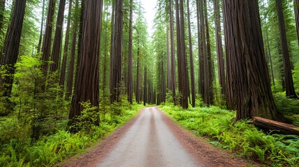 Fototapeta premium Serene Forest Road Winding Through Towering Trees,Embracing Nature's Harmony