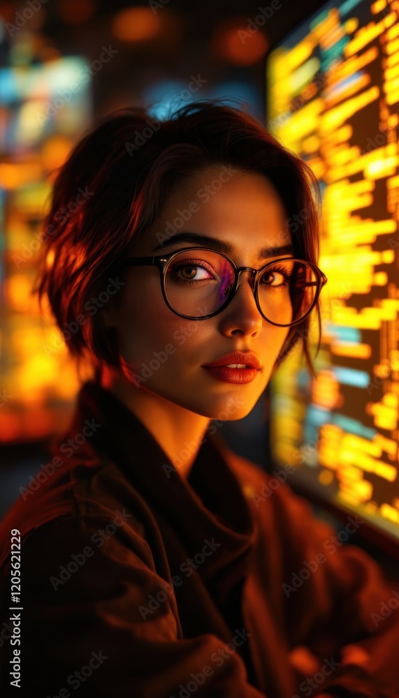 Poster asian female software engineer analyzing code on computer screen in tech environment