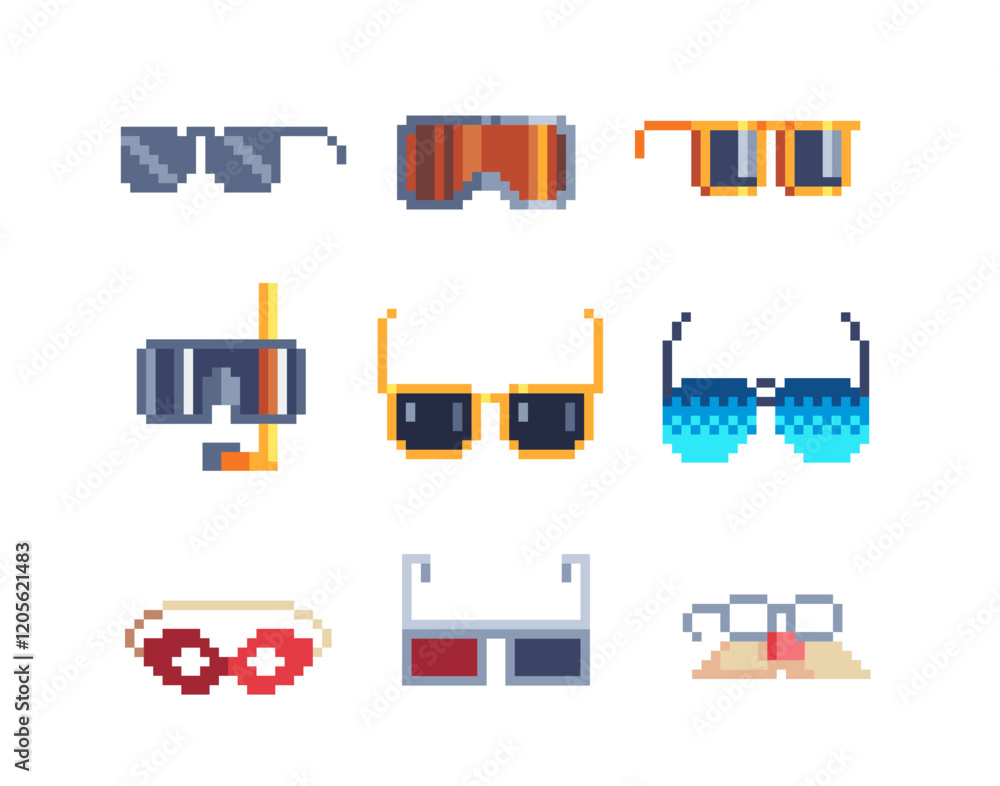 Poster sunglasses pixel art style icons set element design app, web, sticker. isolated abstract vector illu