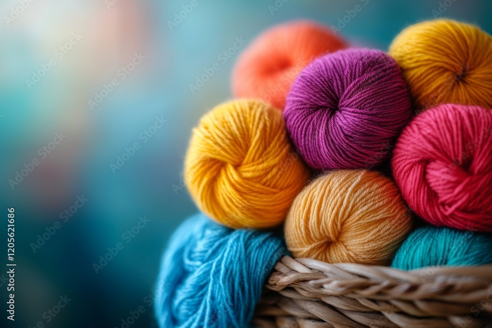 Poster a close-up of colorful balls of yarn stacked in a basket, with soft textures and intricate details o