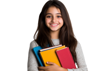 A young Hispanic girl holding books and smiling, on a transparent background