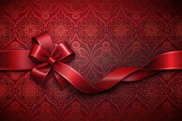 Elegant Red Satin Ribbon Bow on a Rich Ornate Background Perfect for Festive Occasions and Elegant Designs