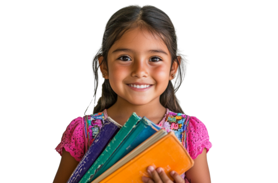 A young Hispanic girl holding books and smiling, on a transparent background